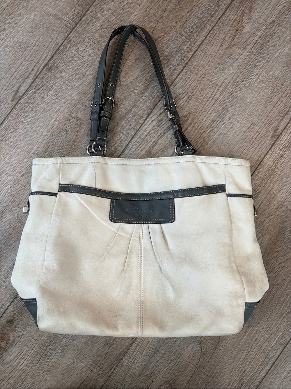 Coach Large Dirty-White Leather Grey Trim Purse